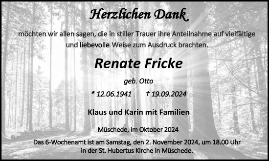 Traueranzeige von Renate Fricke von Tageszeitung
