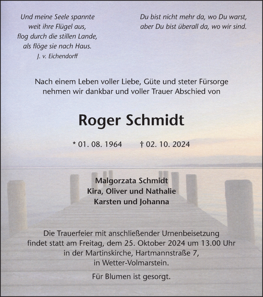 Traueranzeige für Roger Schmidt vom 12.10.2024 aus Tageszeitung