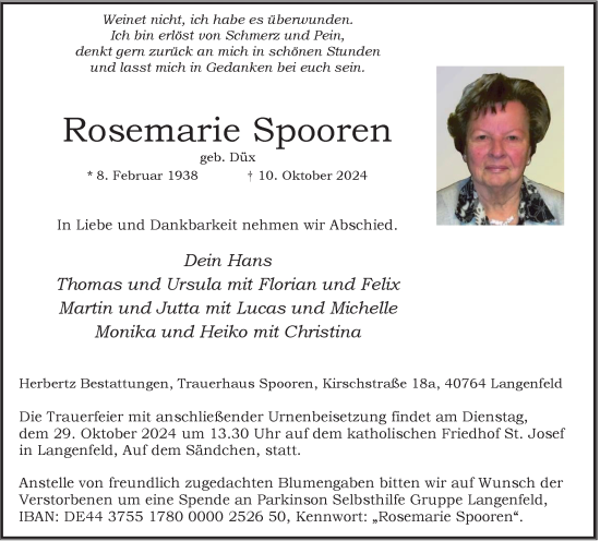 Traueranzeige von Rosemarie Spooren von Tageszeitung