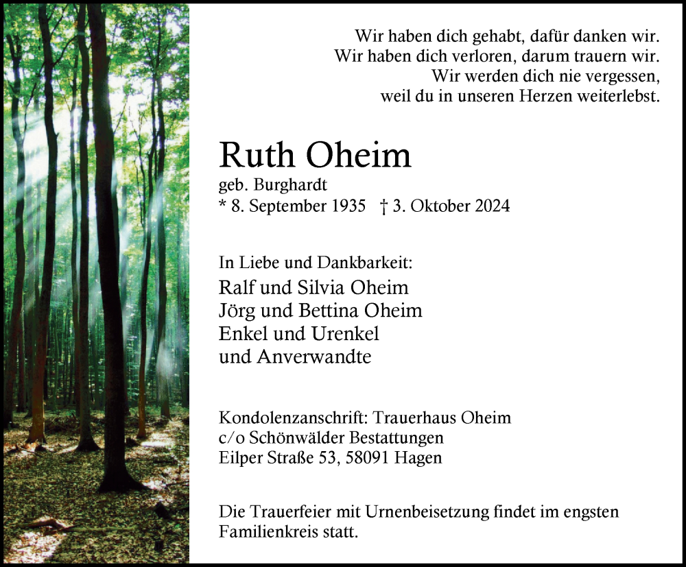  Traueranzeige für Ruth Oheim vom 12.10.2024 aus Tageszeitung