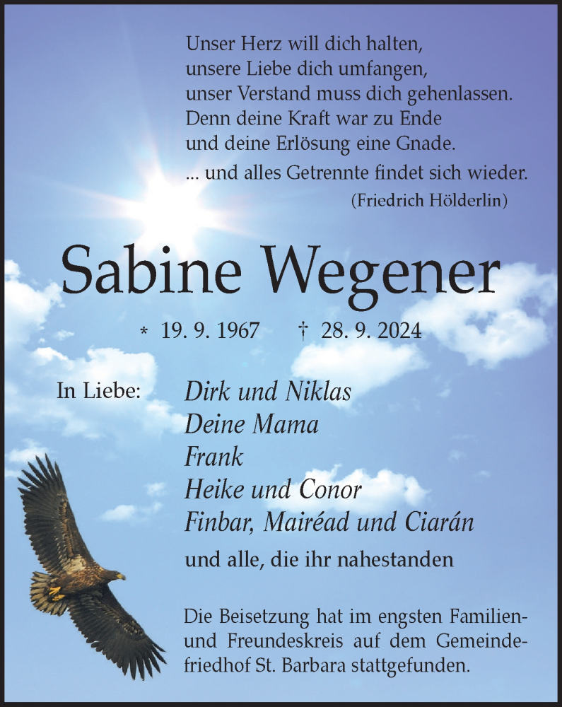  Traueranzeige für Sabine Wegener vom 12.10.2024 aus Tageszeitung