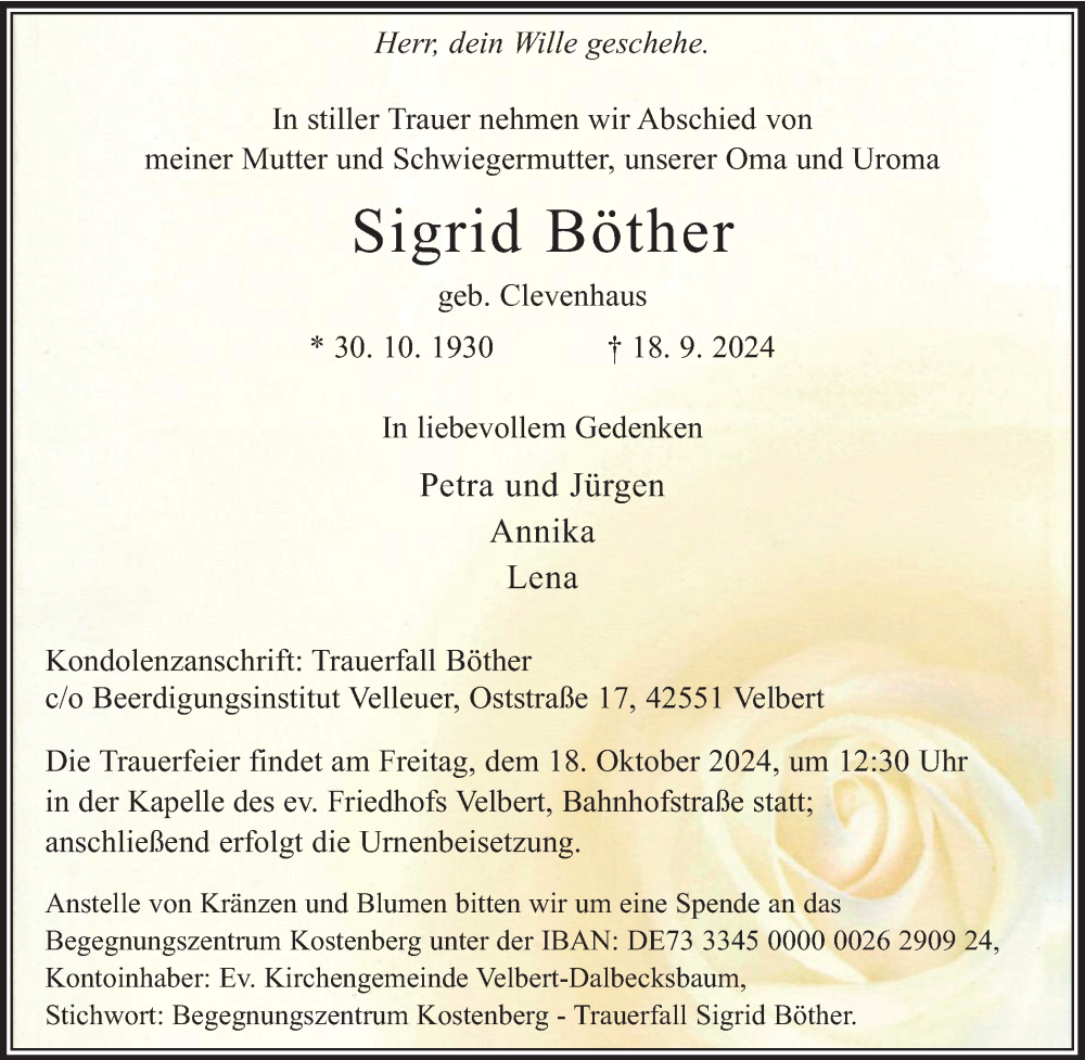  Traueranzeige für Sigrid Böther vom 12.10.2024 aus Tageszeitung