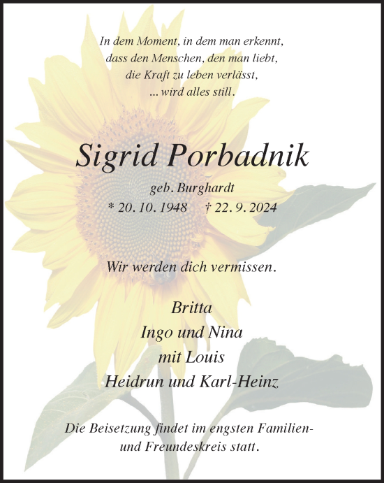 Traueranzeige von Sigrid Porbadnik von Tageszeitung