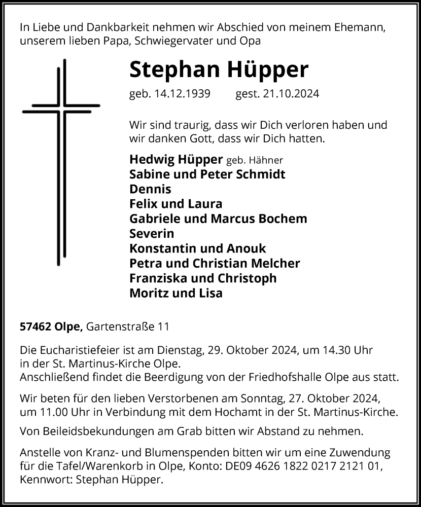  Traueranzeige für Stephan Hüpper vom 26.10.2024 aus Tageszeitung