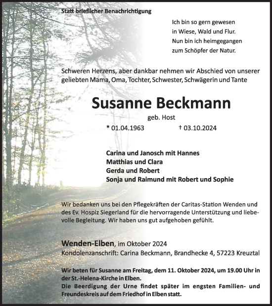 Traueranzeige von Susanne Beckmann von Tageszeitung