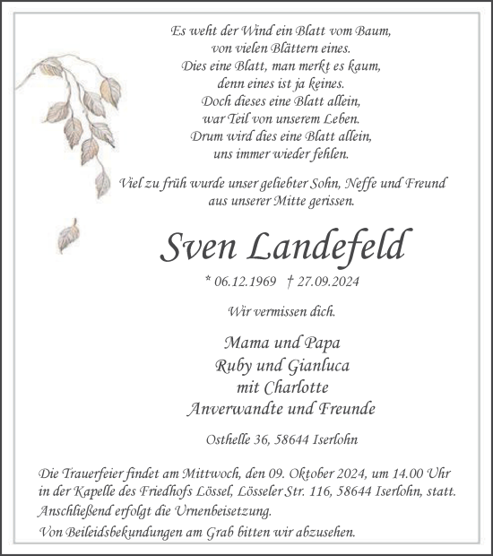 Traueranzeige von Sven Landefeld von Tageszeitung
