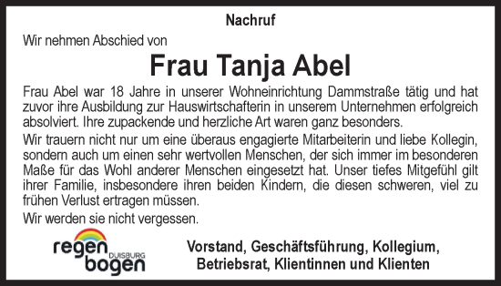 Traueranzeige von Tanja Abel von Tageszeitung