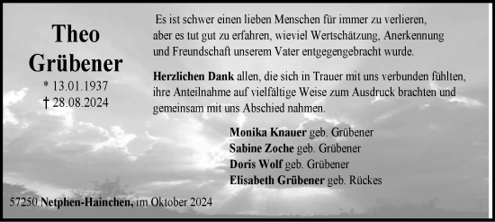 Traueranzeige von Theo Grübener von Tageszeitung