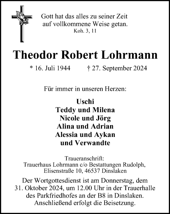 Traueranzeige von Theodor Robert Lohrmann von Tageszeitung