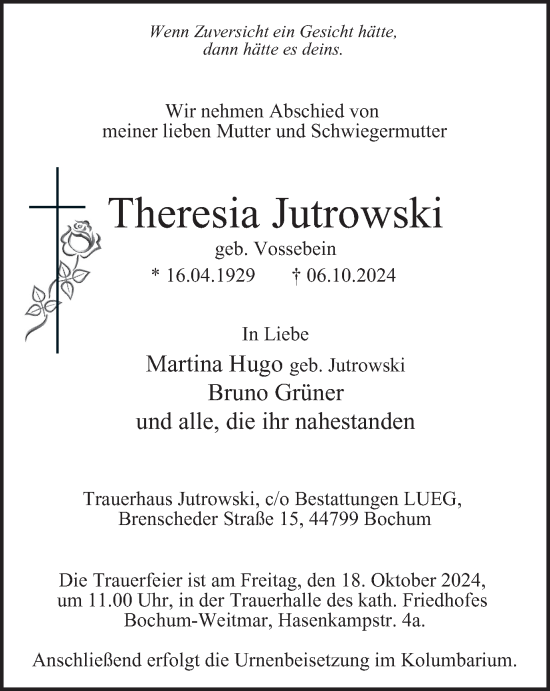 Traueranzeige von Theresia Jutrowski von Tageszeitung