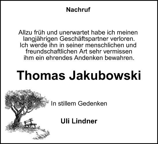 Traueranzeige von Thomas Jakubowski von Tageszeitung