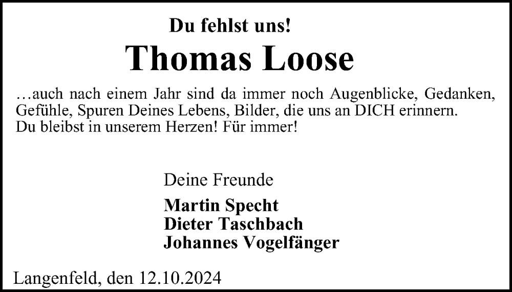 Traueranzeige für Thomas Loose vom 12.10.2024 aus Tageszeitung