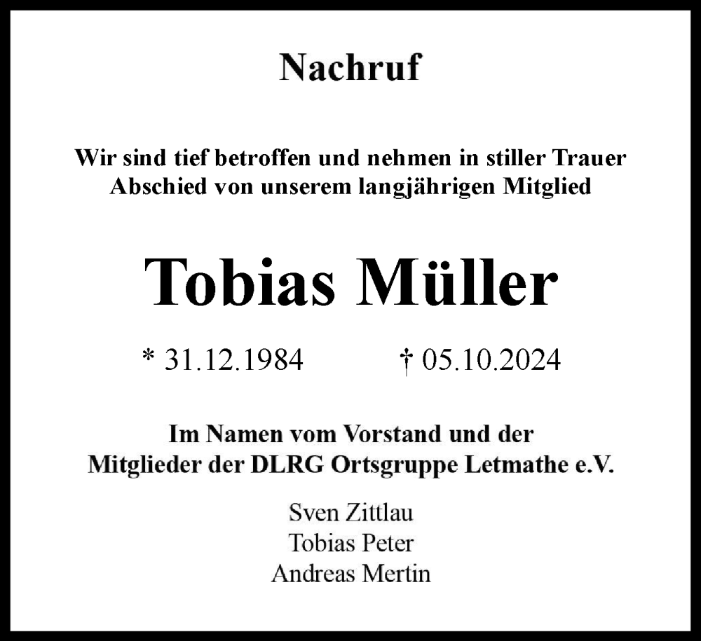  Traueranzeige für Tobias Müller vom 12.10.2024 aus Tageszeitung