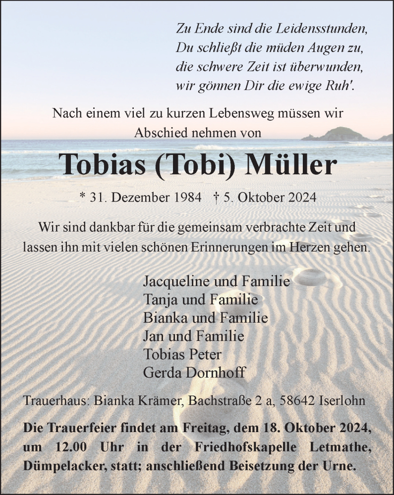  Traueranzeige für Tobias Müller vom 12.10.2024 aus Tageszeitung