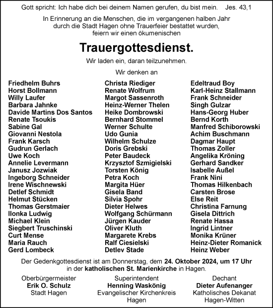 Traueranzeige von Trauergottesdienst 24.10.2024 von Tageszeitung