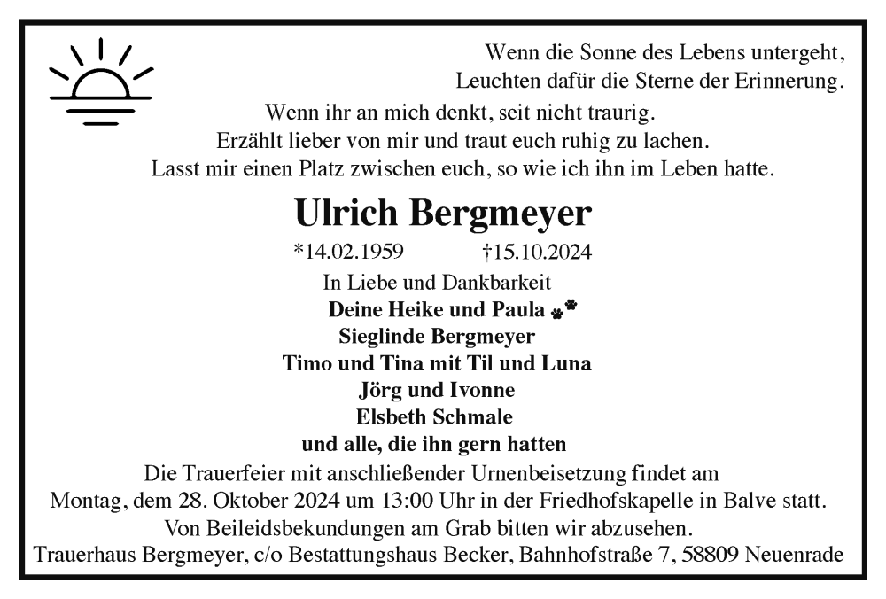  Traueranzeige für Ulrich Bergmeyer vom 24.10.2024 aus Tageszeitung