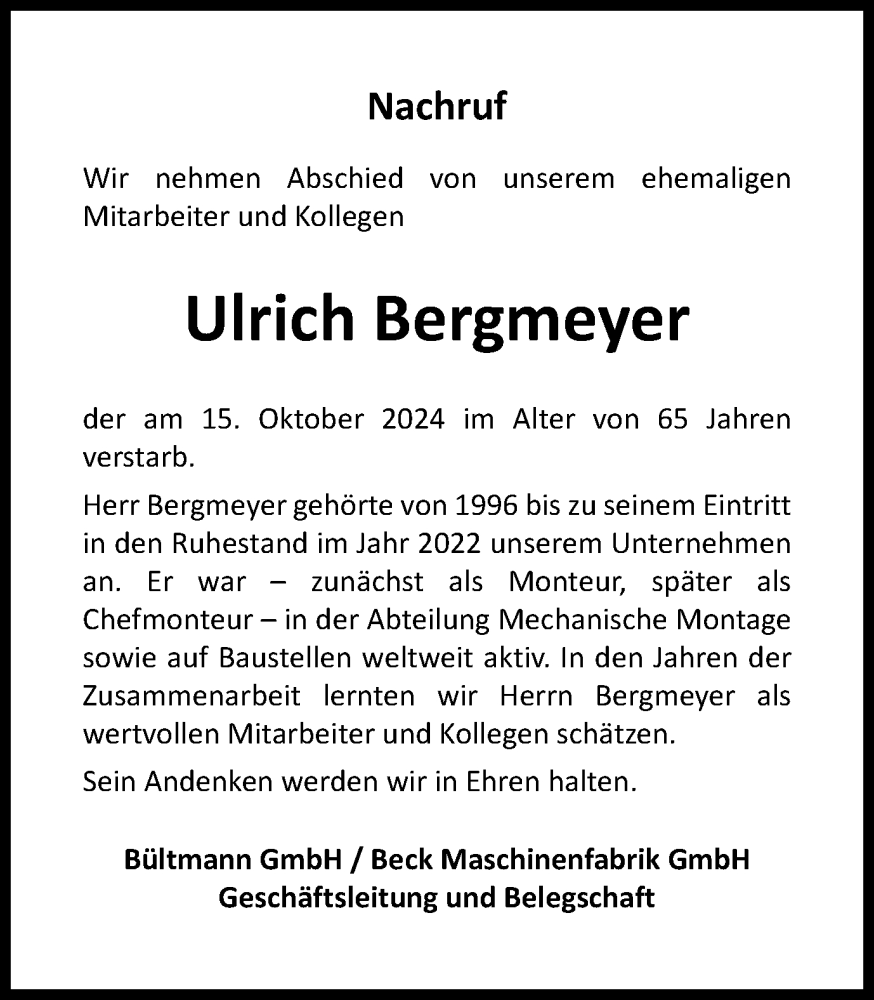 Traueranzeige für Ulrich Bergmeyer vom 26.10.2024 aus Tageszeitung