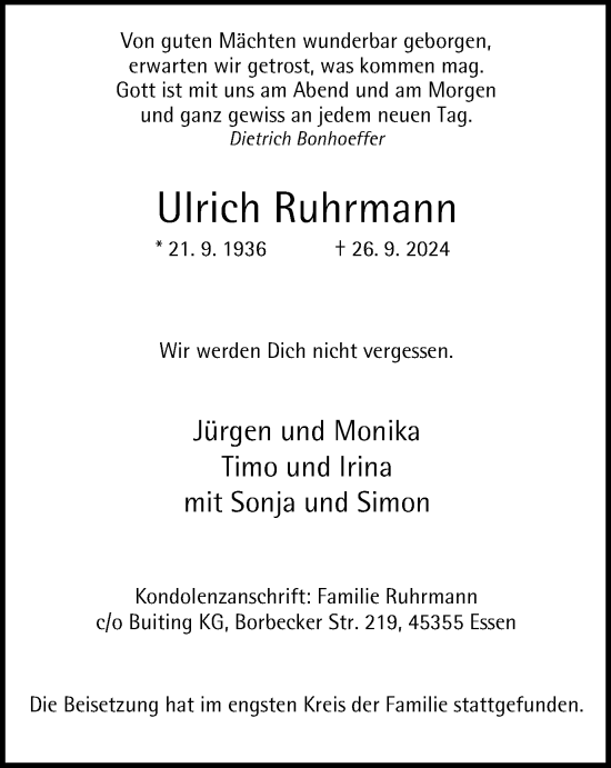 Traueranzeige von Ulrich Ruhrmann von Tageszeitung