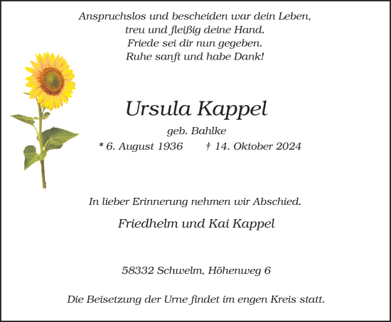 Traueranzeige von Ursula Kappel von Tageszeitung