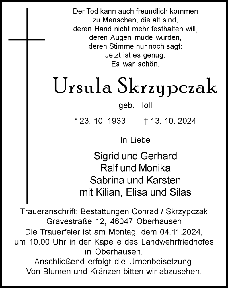  Traueranzeige für Ursula Skrzypczak vom 26.10.2024 aus Tageszeitung