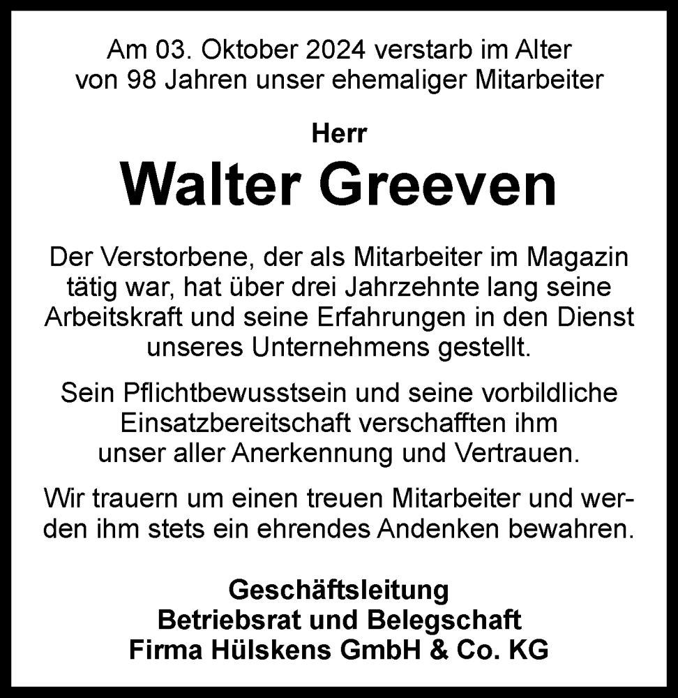  Traueranzeige für Walter Greeven vom 12.10.2024 aus Tageszeitung