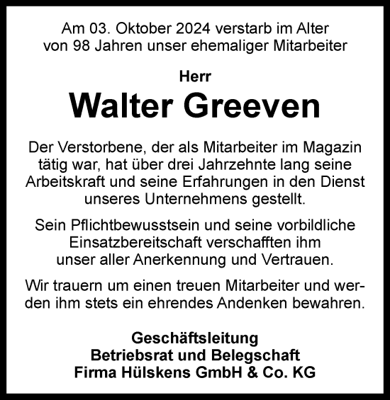 Traueranzeige von Walter Greeven von Tageszeitung