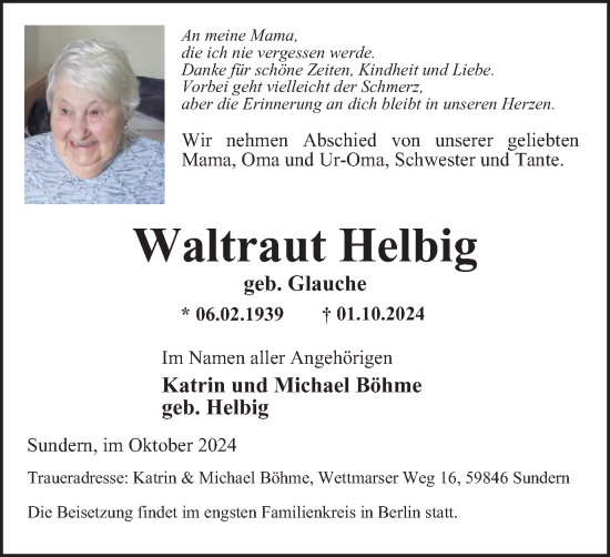 Traueranzeige von Waltraut Helbig von Tageszeitung