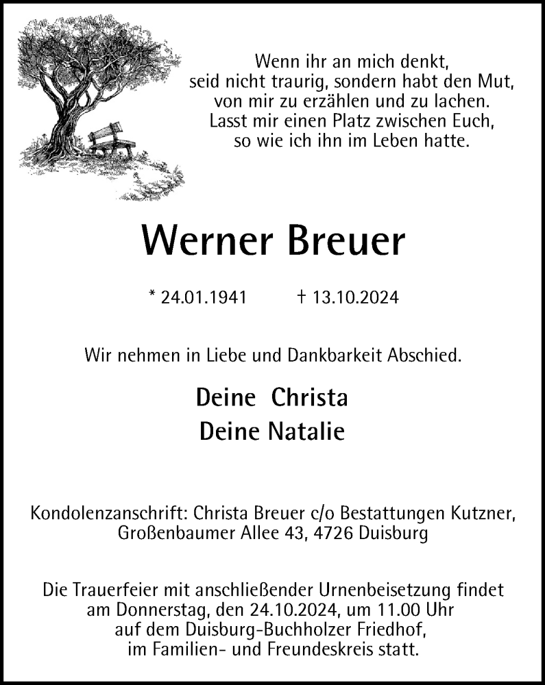  Traueranzeige für Werner Breuer vom 19.10.2024 aus Tageszeitung