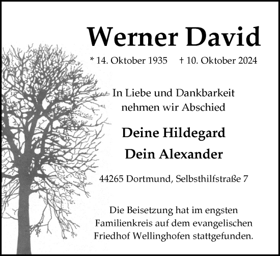 Traueranzeige von Werner David von Tageszeitung