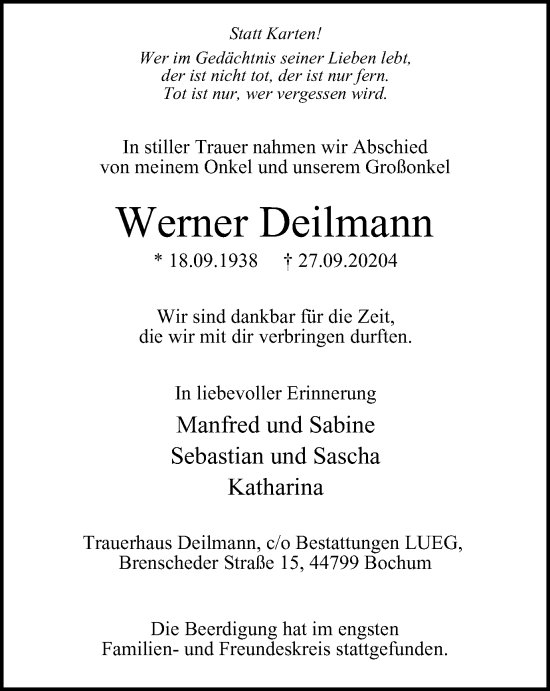Traueranzeige von Werner Deilmann von Tageszeitung
