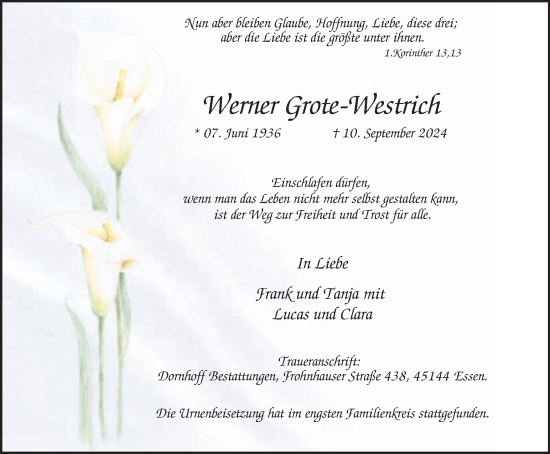 Traueranzeige von Werner Grote-Westrich von Tageszeitung