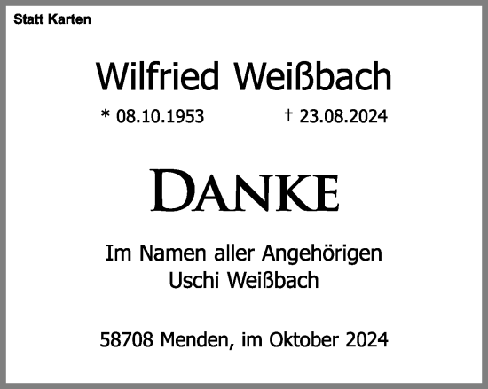 Traueranzeige von Wilfried Weißbach von Tageszeitung
