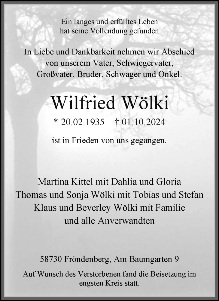  Traueranzeige für Wilfried Wölki vom 12.10.2024 aus Tageszeitung