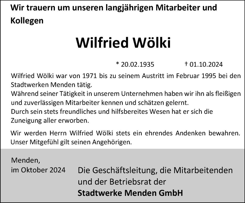  Traueranzeige für Wilfried Wölki vom 19.10.2024 aus Tageszeitung