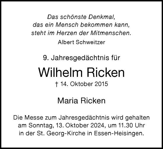 Traueranzeige von Wilhelm Ricken von Tageszeitung