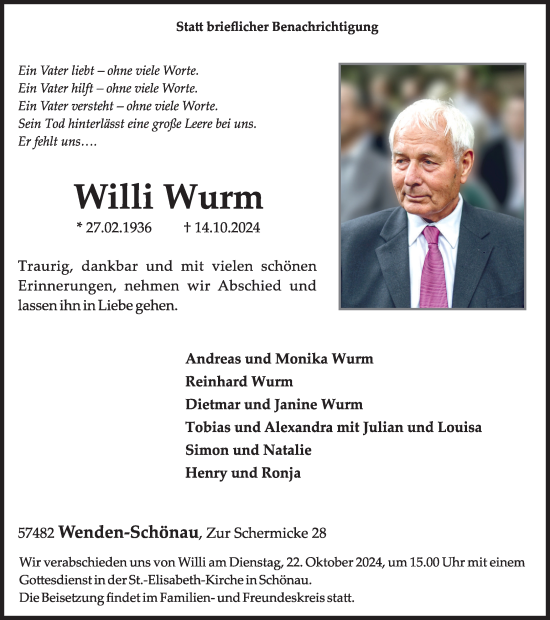 Traueranzeige von Willi Wurm von Tageszeitung