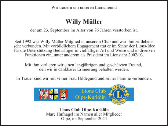 Traueranzeige von Willy Müller von Tageszeitung