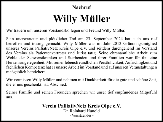 Traueranzeige von Willy Müller von Tageszeitung