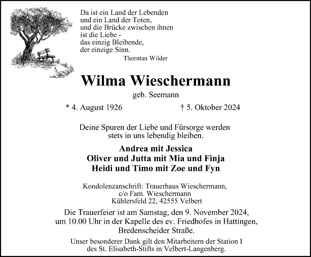  Traueranzeige für Wilma Wieschermann vom 26.10.2024 aus Tageszeitung