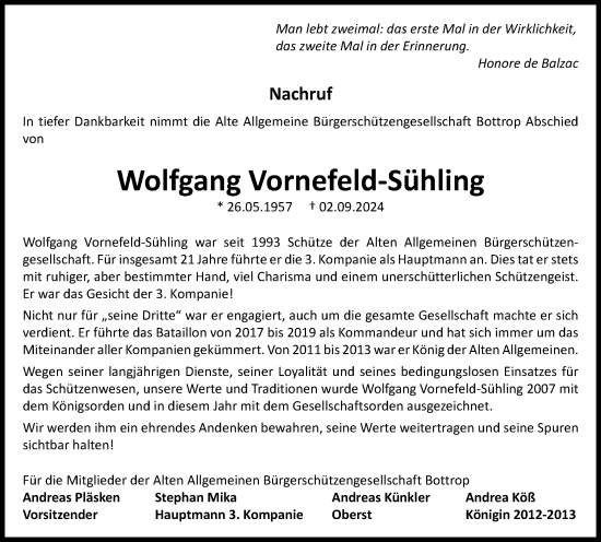 Traueranzeige von Wolfgang Vornefeld-Sühling von Tageszeitung