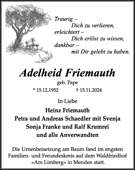 Traueranzeige von Adelheid Friemauth von Tageszeitung