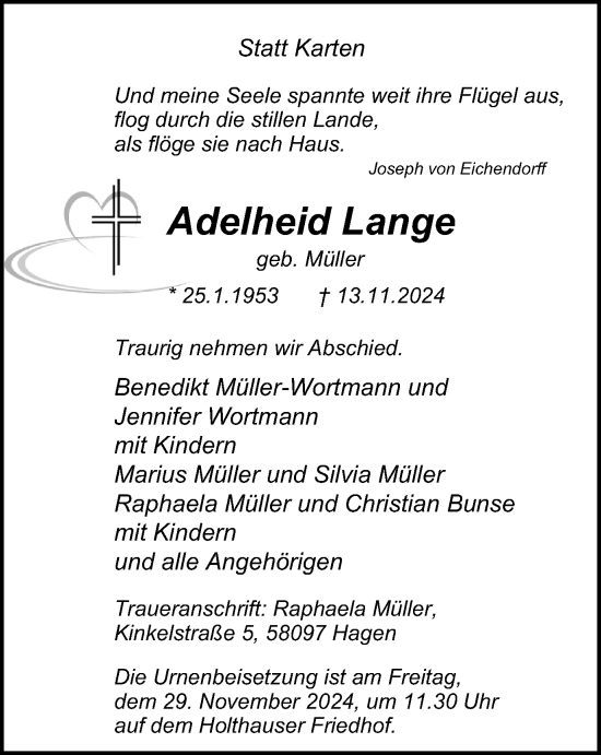 Traueranzeige von Adelheid Lange von Tageszeitung
