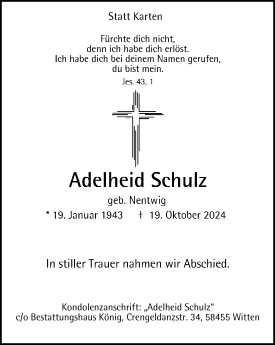Traueranzeige von Adelheid Schulz von Tageszeitung