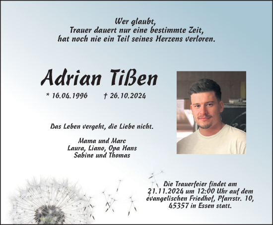 Traueranzeige von Adrian Tißen von Tageszeitung