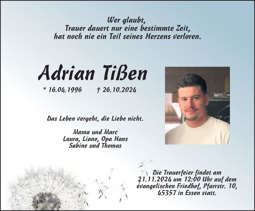  Traueranzeige für Adrian Tißen vom 16.11.2024 aus Tageszeitung