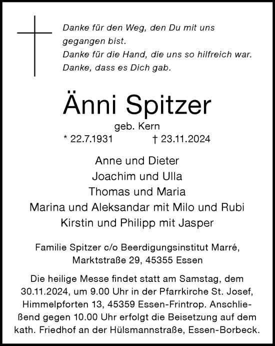 Traueranzeige von Änni Spitzer von Tageszeitung