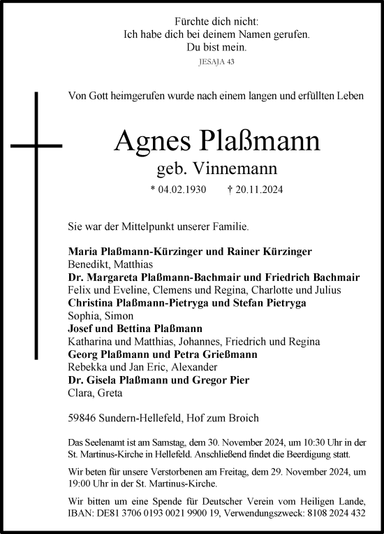 Traueranzeige von Agnes Plaßmann von Tageszeitung