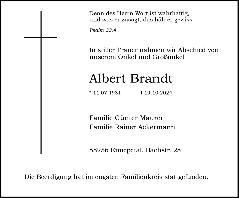  Traueranzeige für Albert Brandt vom 02.11.2024 aus Tageszeitung