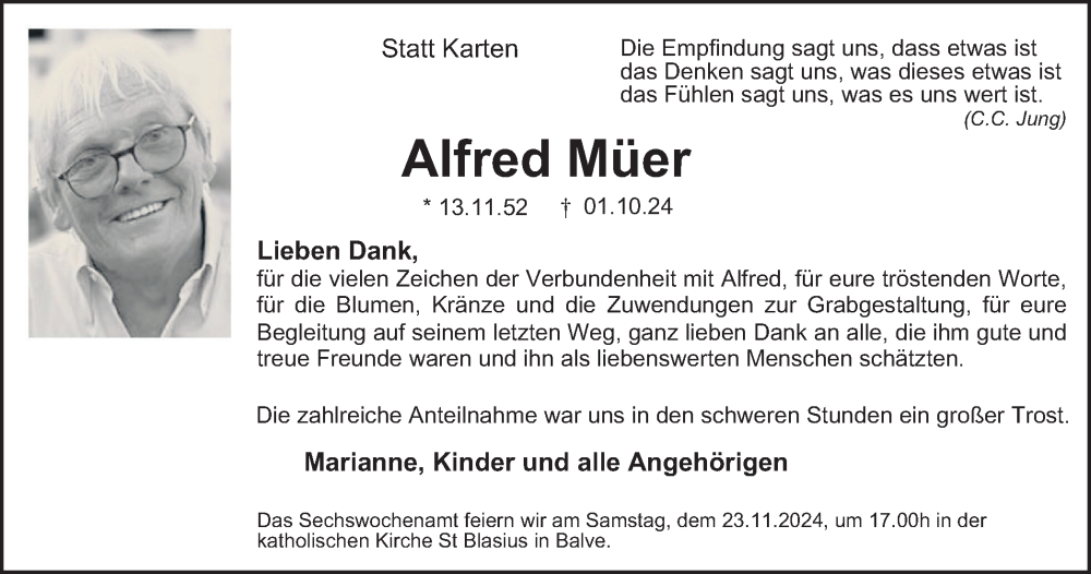  Traueranzeige für Alfred Müer vom 09.11.2024 aus Tageszeitung