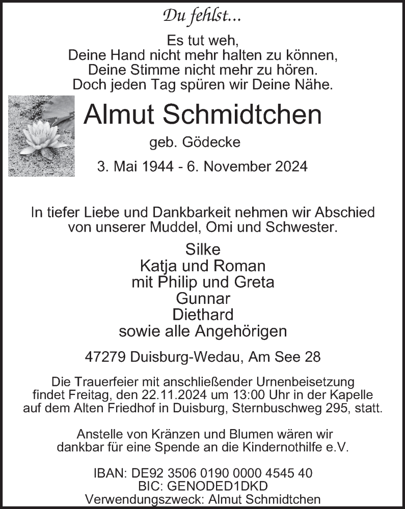  Traueranzeige für Almut Schmidtchen vom 16.11.2024 aus Tageszeitung